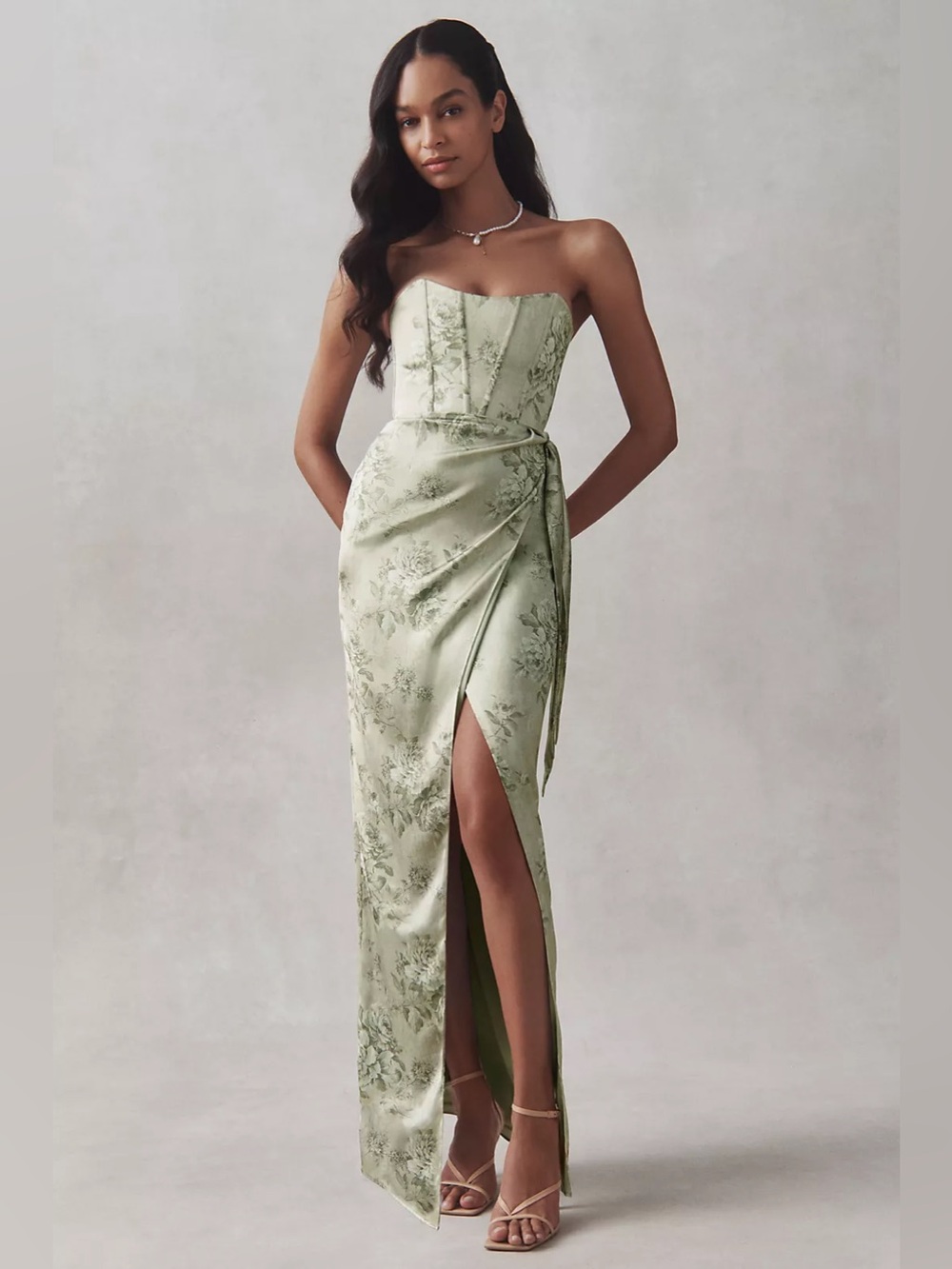 Anthropologie V. Chapman June Printed Corset Front-Slit Satin Gown